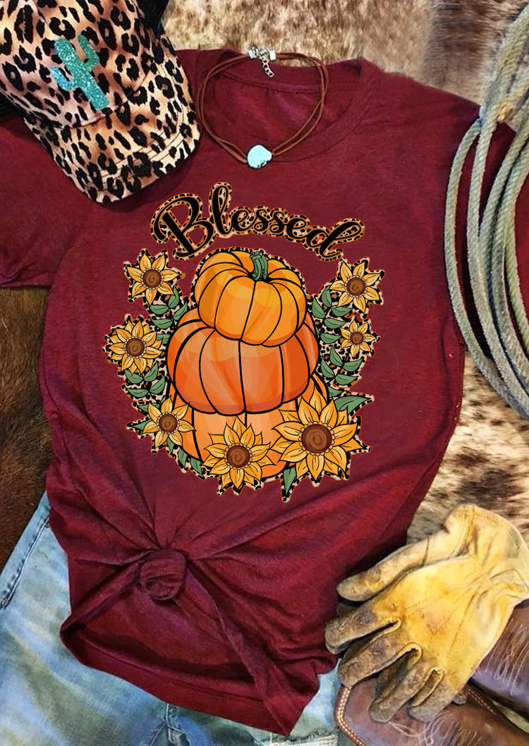 

Thanksgiving Blessed Pumpkin Sunflower T-Shirt Tee - Burgundy, 516308
