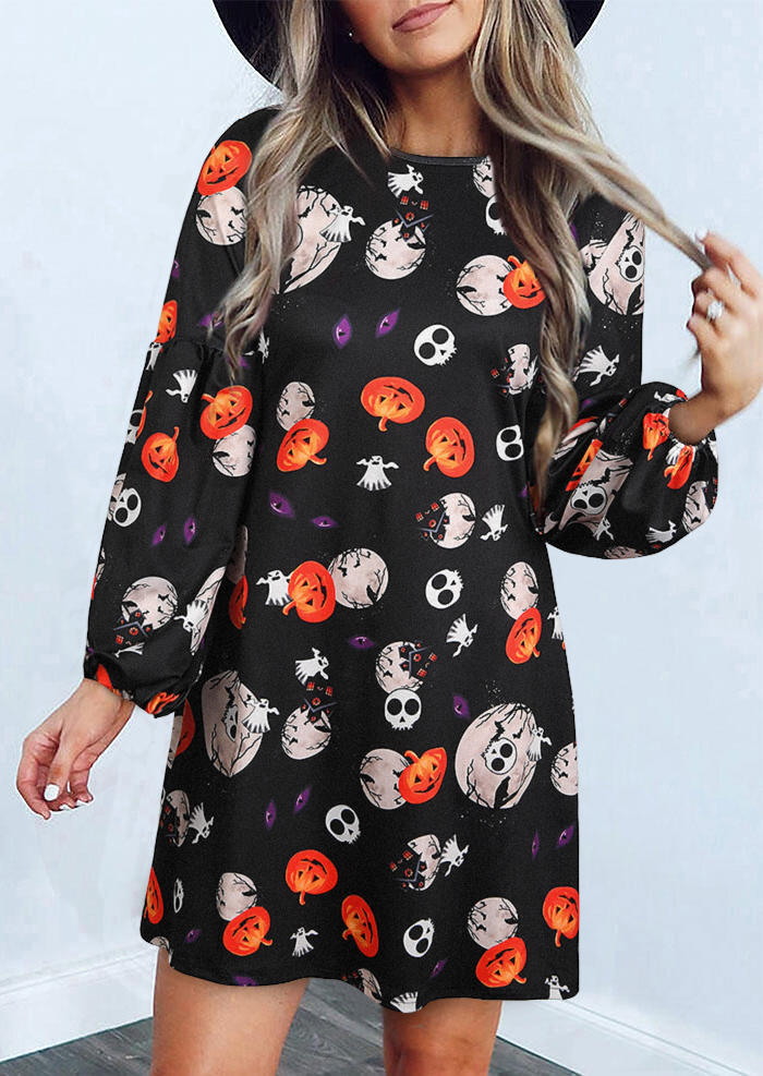 Halloween Pumpkin Skull Ghost Mini Dress - Black
