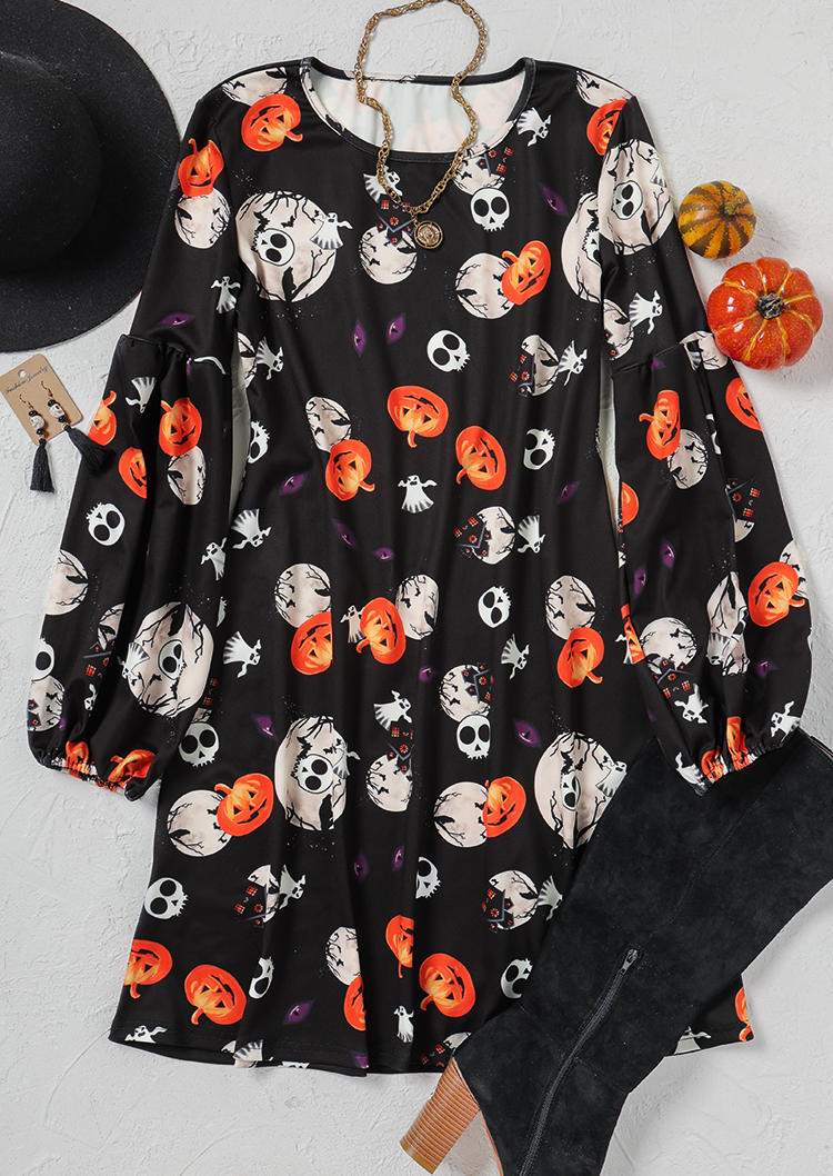 Halloween Pumpkin Skull Ghost Mini Dress - Black