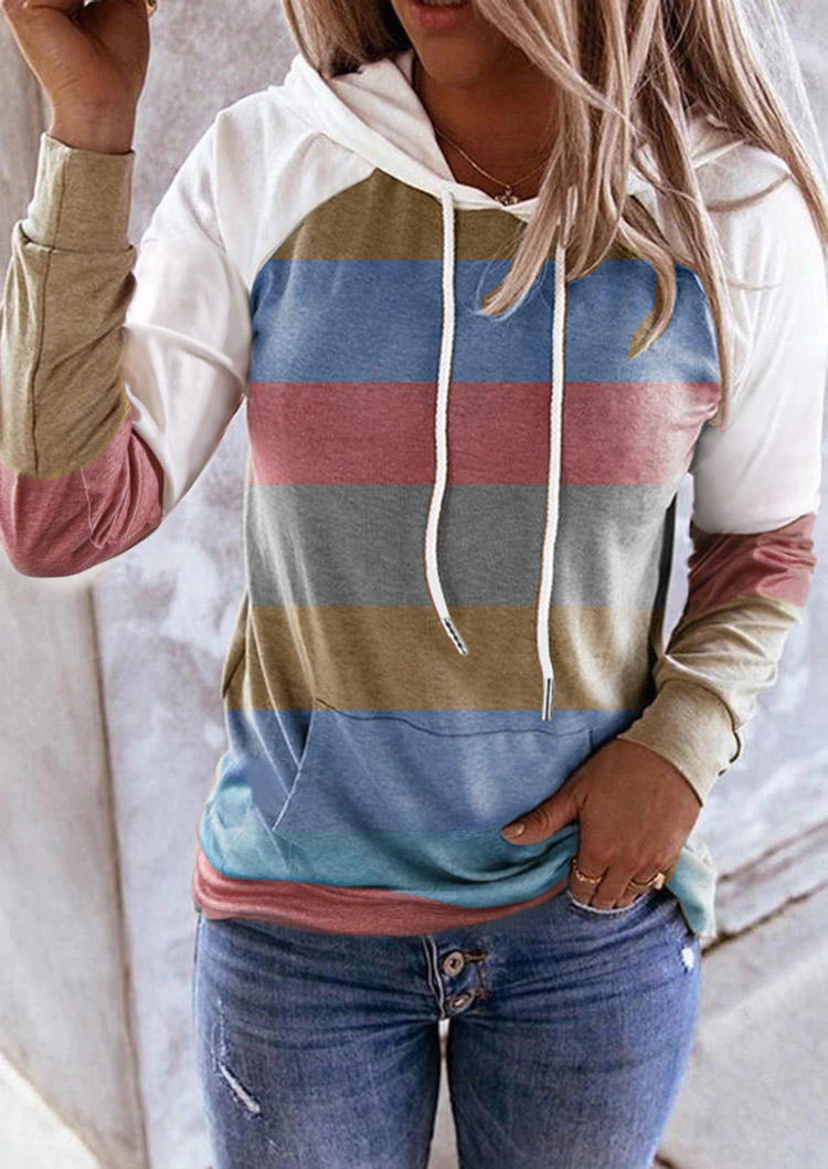 Striped Color Block Drawstring Kangaroo Pocket Hoodie