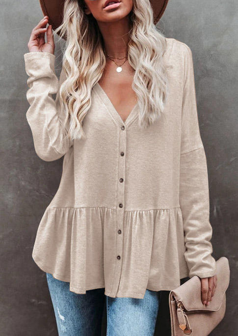 

Ruffled Knitted Button V-Neck Blouse - Apricot, 516434