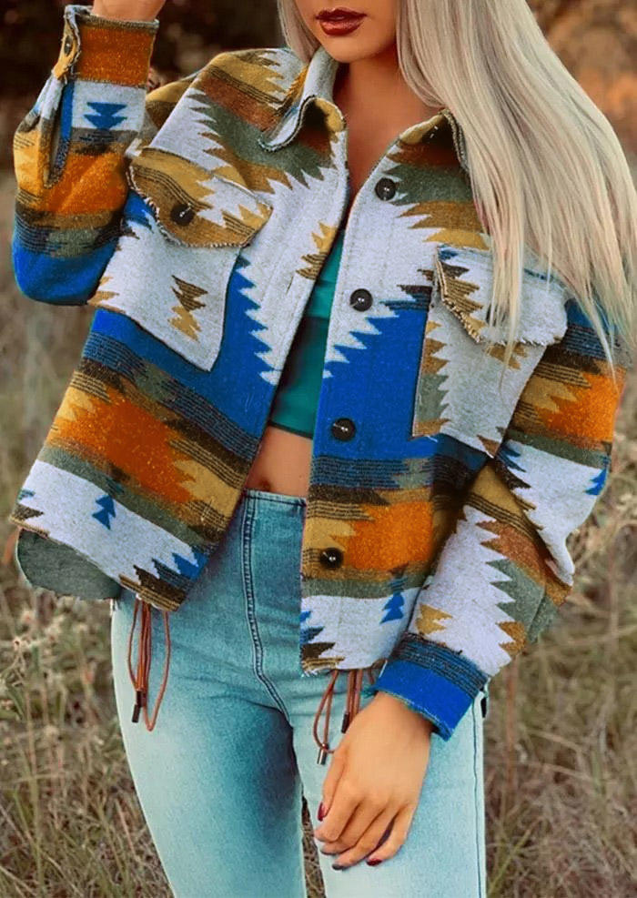 

Aztec Geometric Slit Button Pocket Coat - Blue, 516454