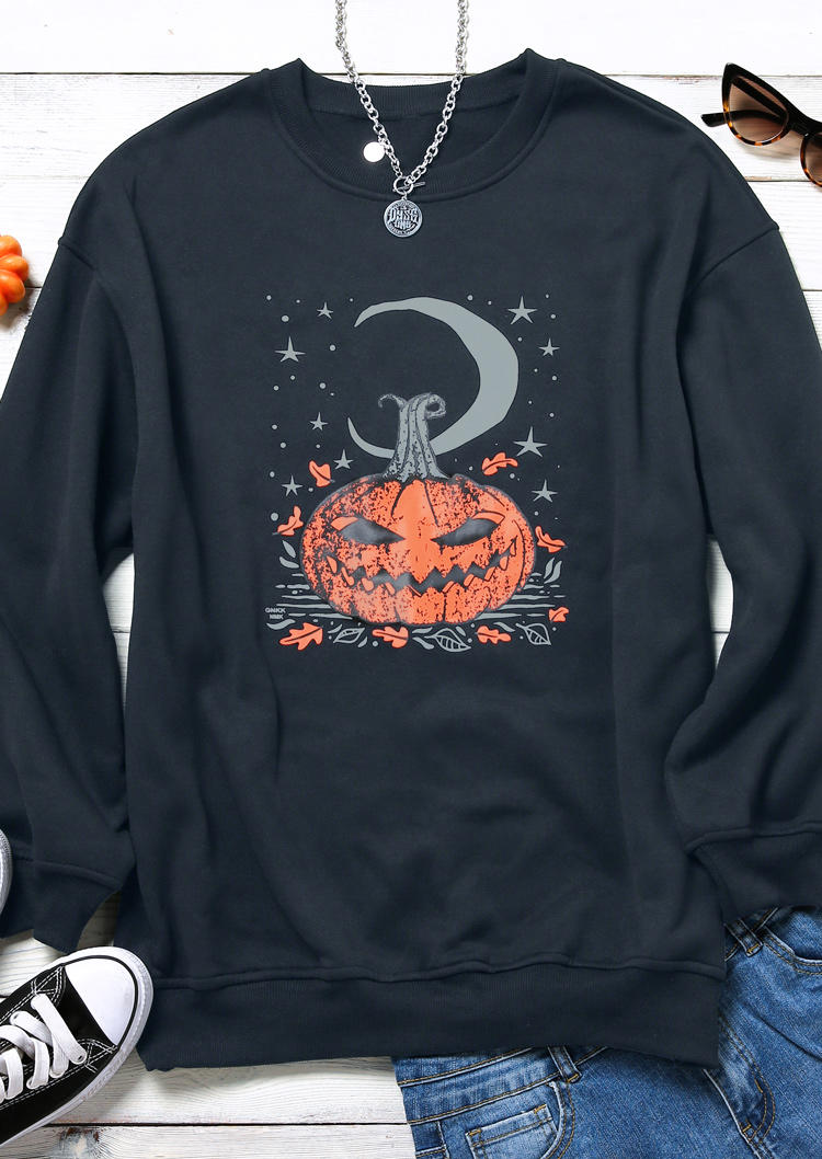 Halloween Pumpkin Face Star Moon Sweatshirt - Black