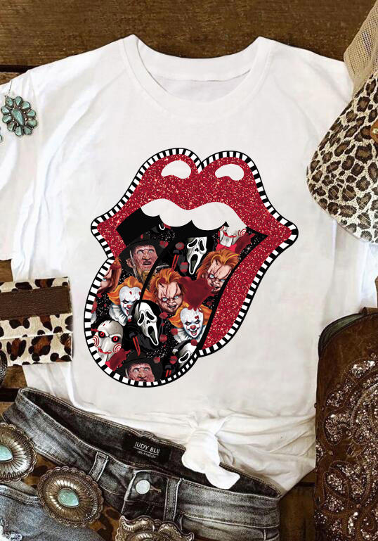 

Halloween Horror Movie Lips O-Neck T-Shirt Tee - White, 515521