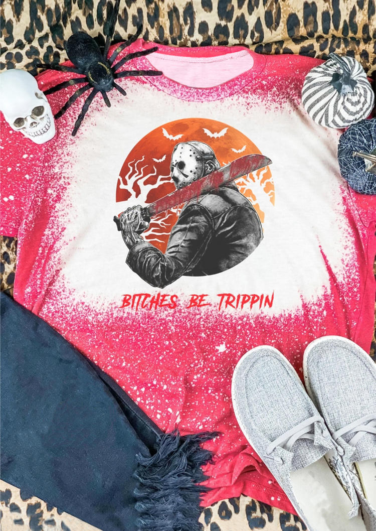 

Halloween B!tches Be Trippin Graphic T-Shirt Tee - Rose Red, 515612