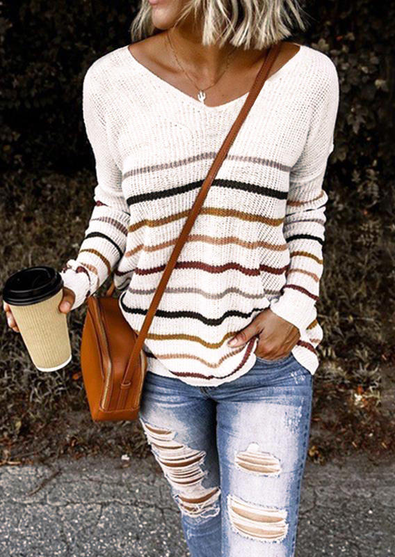 

Colorful Striped Long Sleeve Sweater - White, 515782