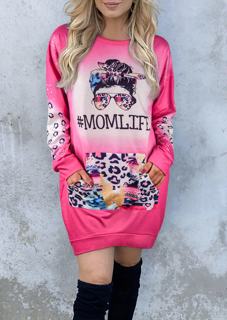 

Halloween Leopard Mom Life Skull Pocket Bleached Mini Dress - Peach Red, 516129
