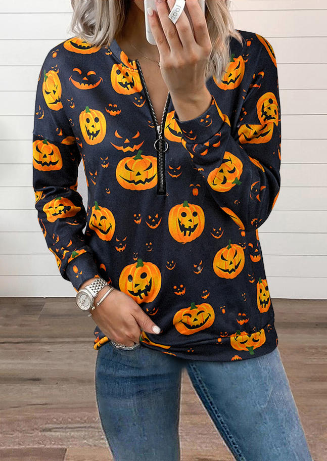 

Halloween Pumpkin Face Zipper Blouse - Dark Grey, 516188