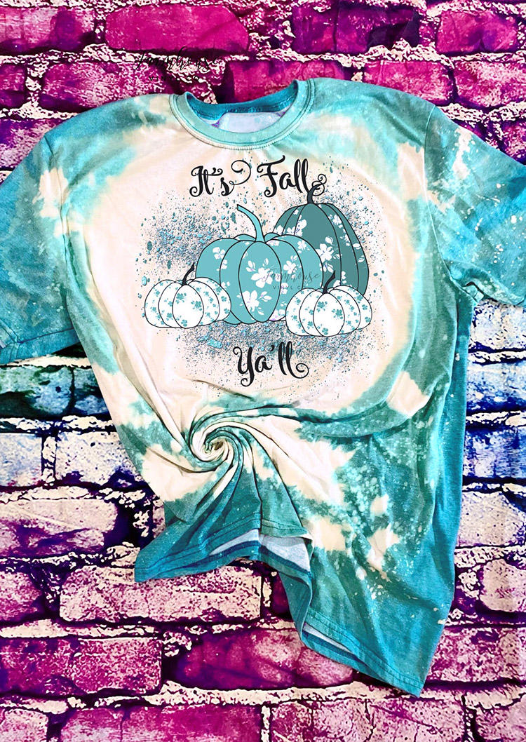 

It's Fall Ya'll Pumpkin Floral Bleached T-Shirt Tee - Green, 516219