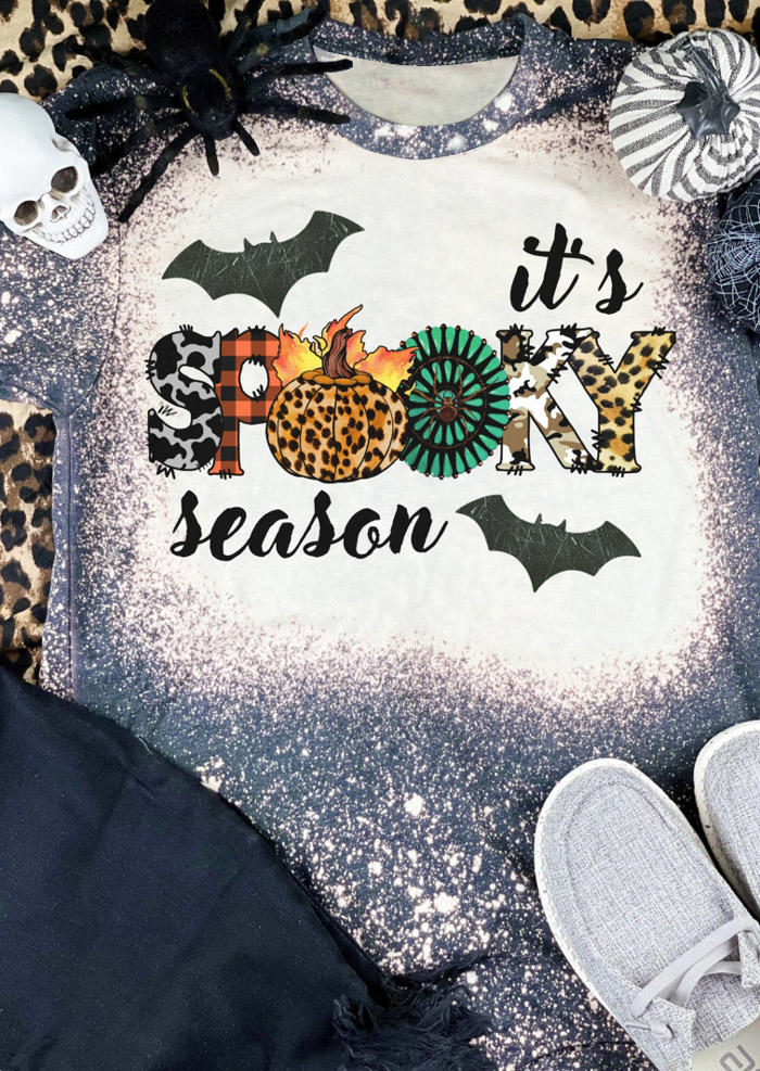 

Halloween Spooky Season Pumpkin Bleached T-Shirt Tee - Light Blue, 516222