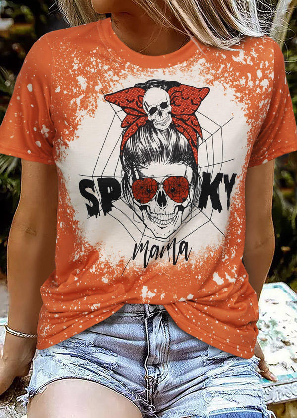 

Halloween Spooky Mama Skull Bleached T-Shirt Tee - Orange, 516239