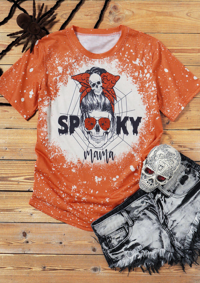 Spooky Mama Skull Bleached T-Shirt Tee - Orange