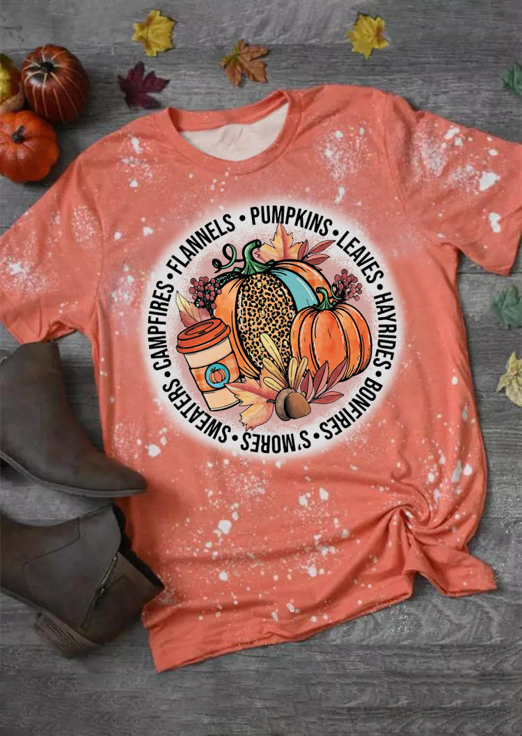 Pumpkins Leaves Hayrides Bonfires Leopard T-Shirt Tee - Orange