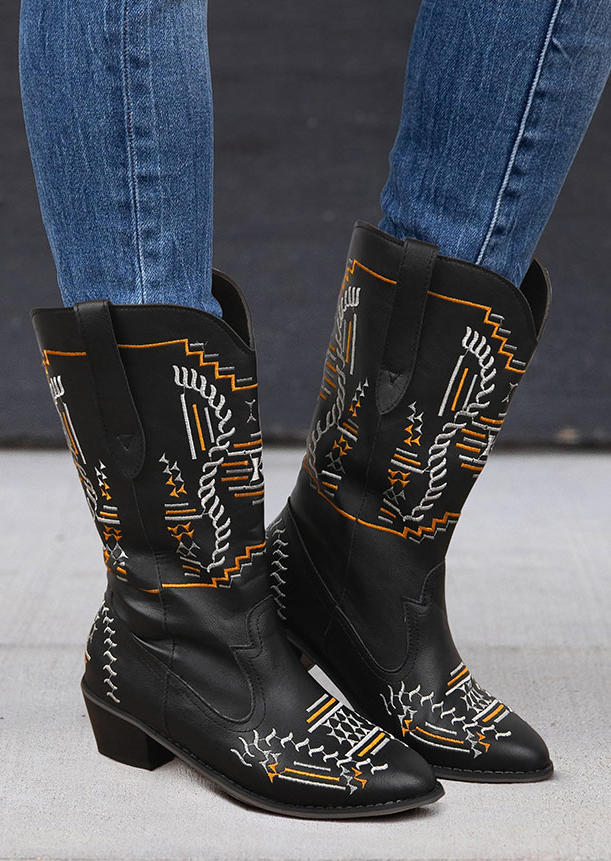 

Ethnic Embroidered Heel Mid Boots - Black, 516361