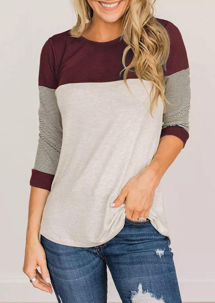 

Striped Color Block O-Neck Blouse - Burgundy, 516425