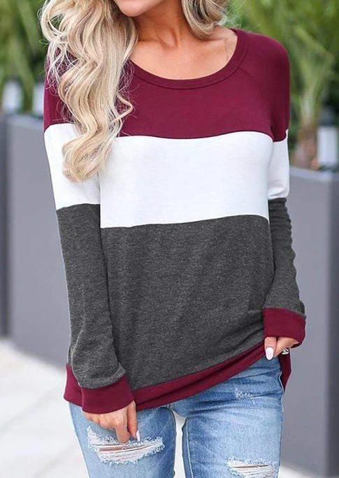 

Color Block O-Neck Long Sleeve Blouse, Multicolor, 516459