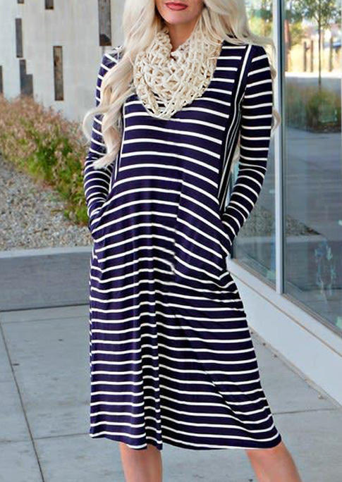 

Striped Pocket O-Neck Long Sleeve Midi Dress, Stripe, 516466