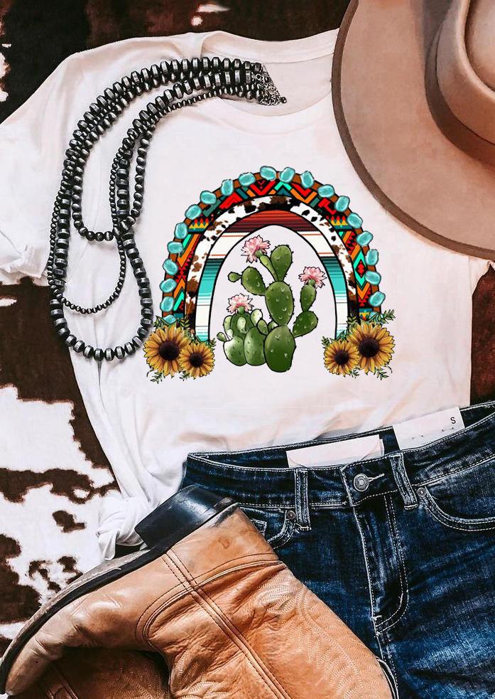 

Rainbow Cactus Sunflower Turquoise T-Shirt Tee - White, 516485