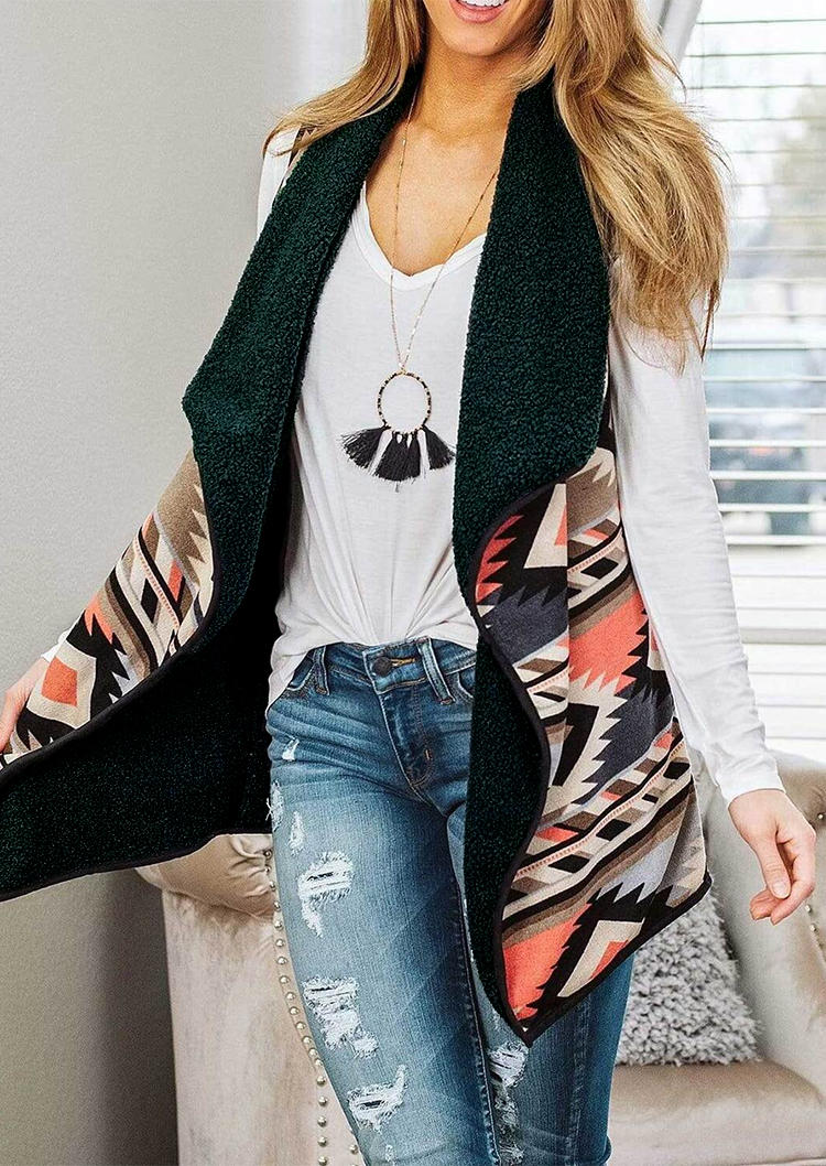 

Aztec Geometric Turn-down Collar Sleeveless Vest Coat, Multicolor, 516516