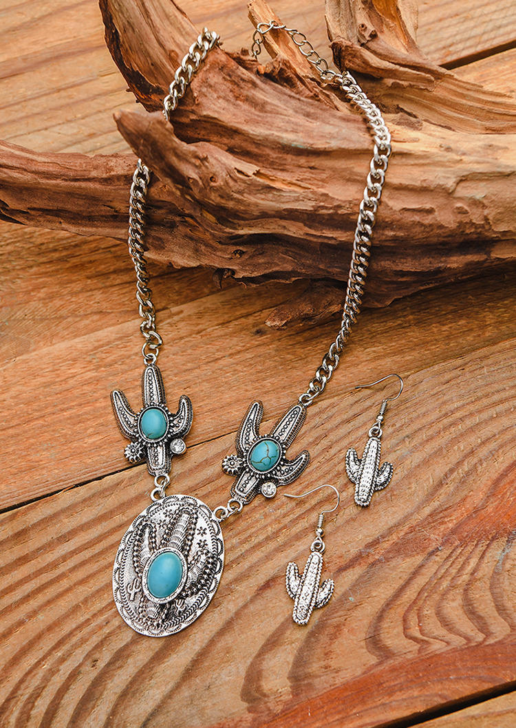 

Vintage Cactus Turquoise Necklace Earrings Set, Silver, 515622