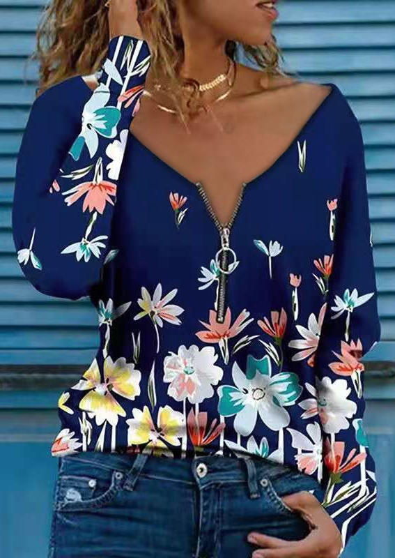 

Floral Zipper Long Sleeve Blouse - Blue, 513160