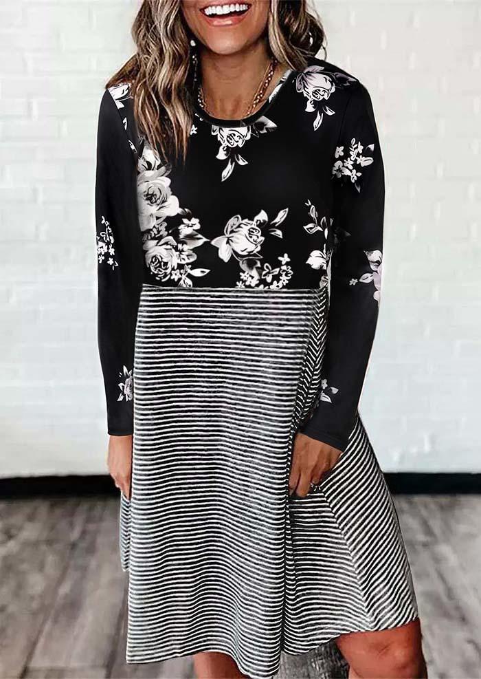 

Floral Striped O-Neck Long Sleeve Mini Dress - Black, 513757