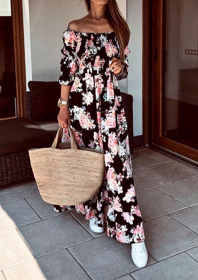 

Floral Smocked Off Shoulder Maxi Dress - Black, 514143