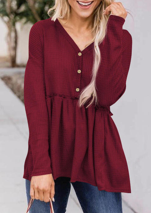 

Waffle Splicing Button Long Sleeve Blouse - Burgundy, 514213