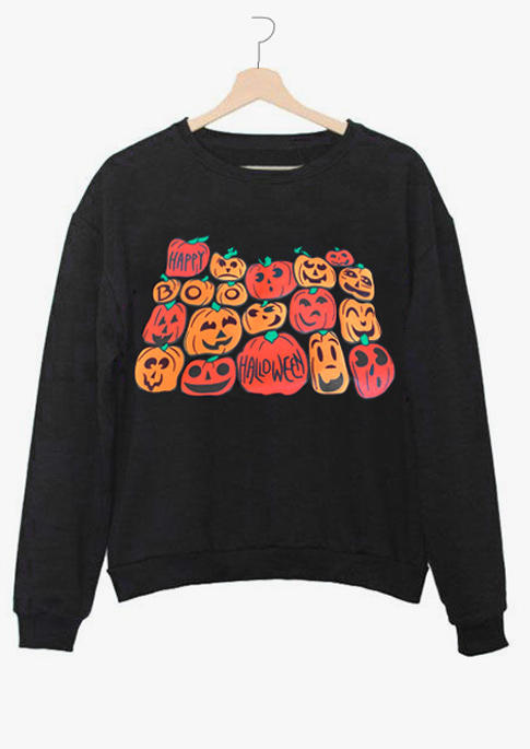 Funny Pumpkin Face Pullover Sweatshirt - Black