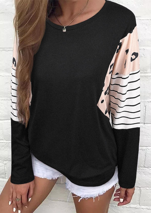 

Leopard Striped Splicing Long Sleeve Blouse - Black, 516329