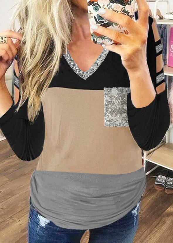 

Sequined Color Block Hollow Out Pocket Blouse, Multicolor, 516401