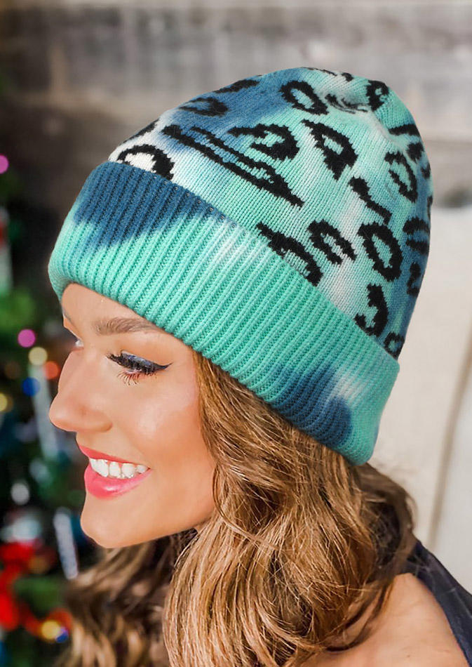 

Leopard Tie Dye Knitted Beanie Hat, Cyan, 516472