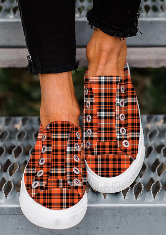 

Plaid Slip-On Round Toe Flat Sneakers - Orange, 516488