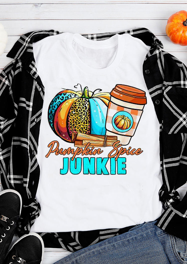 

Pumpkin Spice Junkie Leopard Plaid T-Shirt Tee - White, 516502