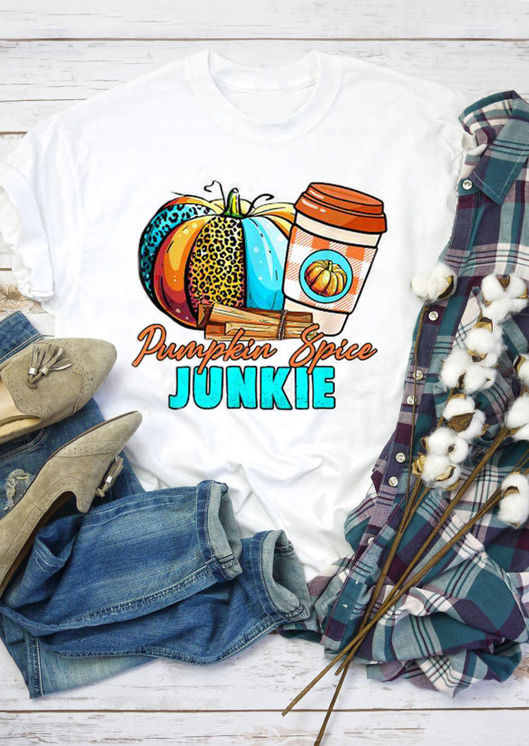 Pumpkin Spice Junkie Leopard Plaid T-Shirt Tee - White