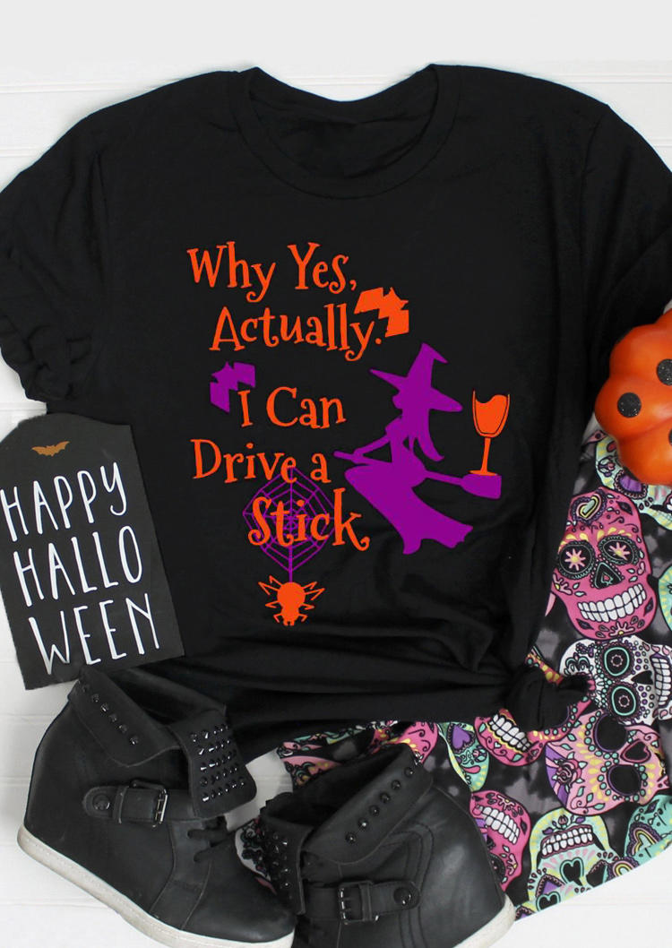 

I Can Drive A Stick Witch Spider T-Shirt Tee - Black, 516504