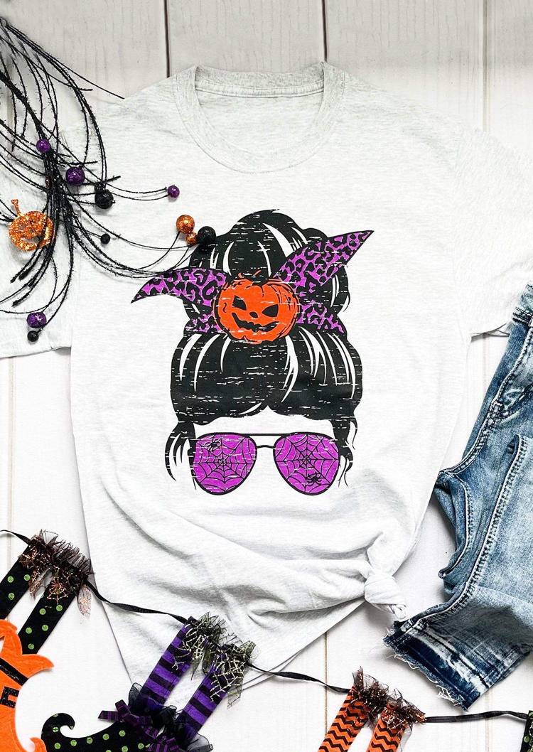 

Halloween Pumpkin Leopard Messy T-Shirt Tee - Light Grey, 516596