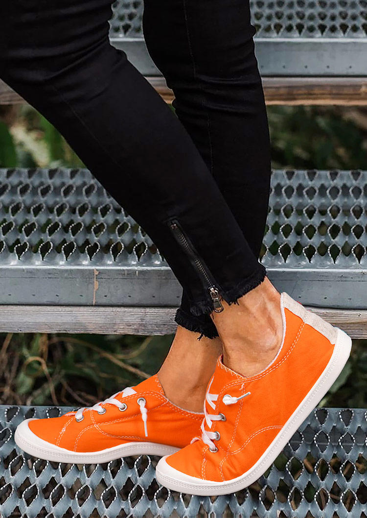 Lace Up Round Toe Flat Sneakers - Orange
