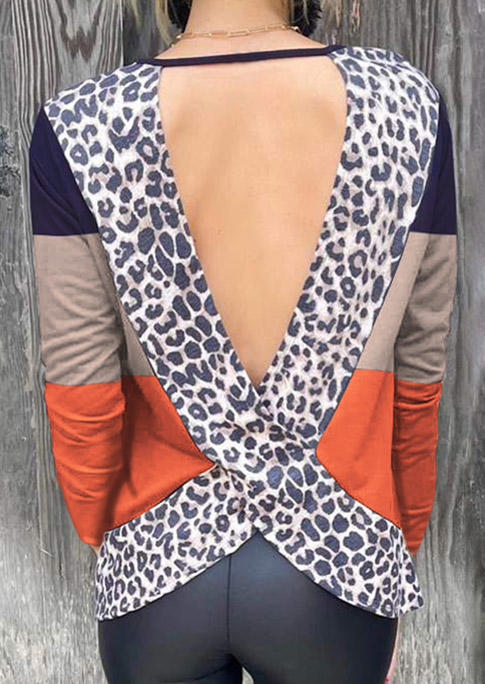 

Leopard Color Block Open Back Hollow Out Blouse, Multicolor, 516613