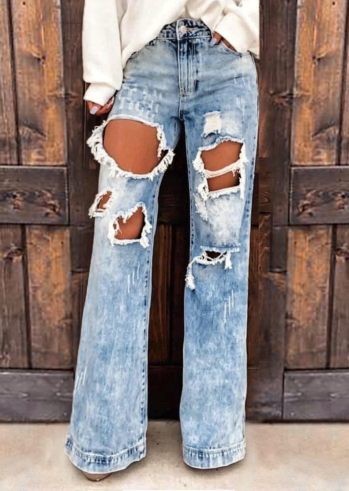 

Ripped Hole Pocket Jeans Pants - Blue, 516662