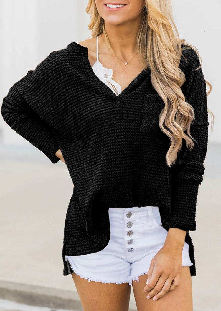 

Slit Pocket V-Neck Long Sleeve Blouse - Black, 514665