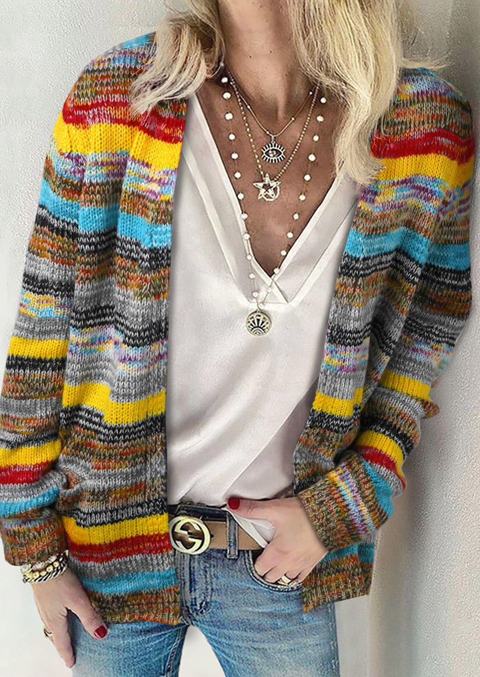 

Colorful Striped Long Sleeve Knitted Sweater Cardigan, Multicolor, 515760