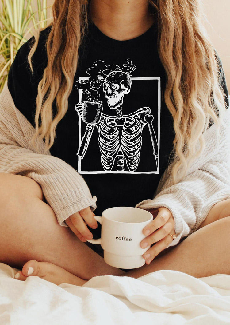 Skeleton Drinking Coffee T-Shirt Tee - Black