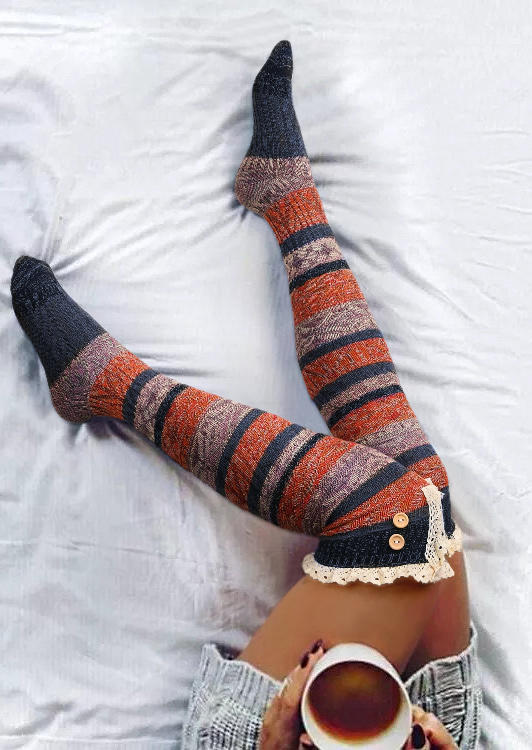 

Color Block Striped Button Lace Over Knee Socks, Coffee, 515969
