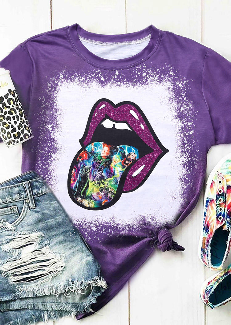 

Halloween Witch Lips Bleached T-Shirt Tee - Purple, 516224