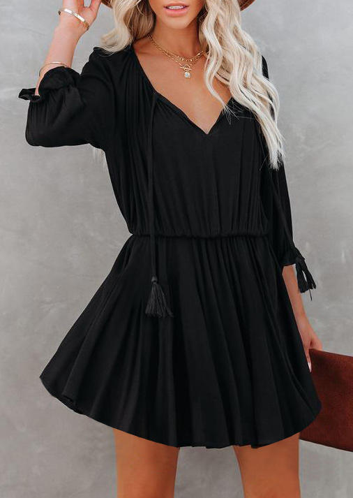 Tassel Elastic Waist Cuff Ruffled Mini Dress - Black