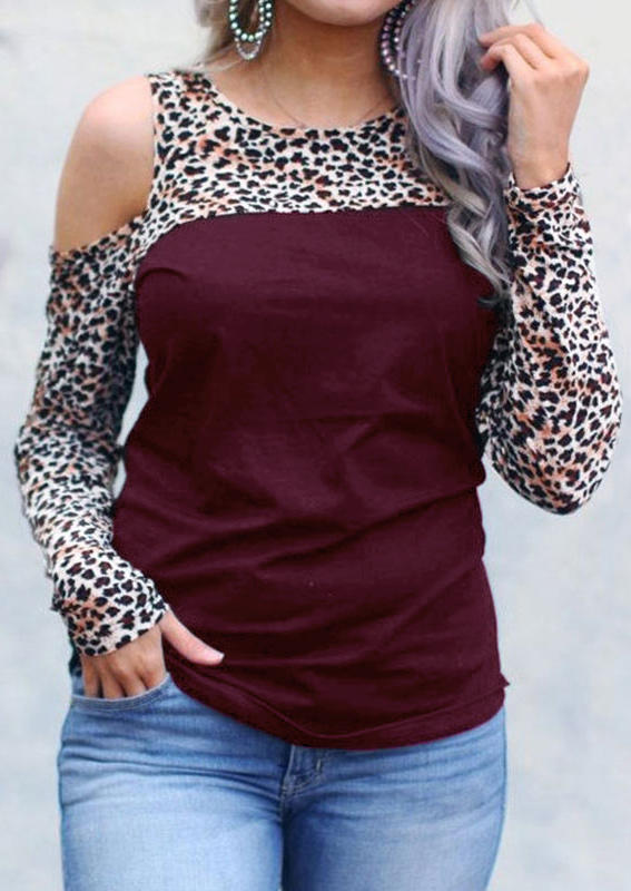 

Leopard Color Block Splicing Cold Shoulder Blouse - Burgundy, Red, 516467