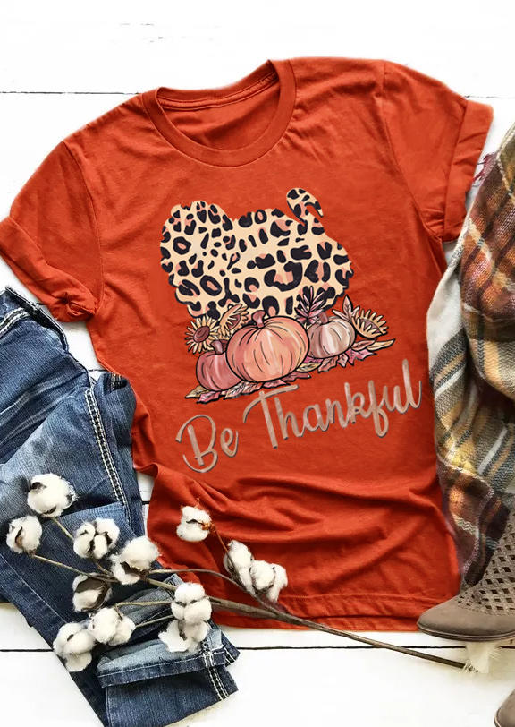 Be Thankful Leopard Pumpkin Sunflower T-Shirt Tee - Brick Red