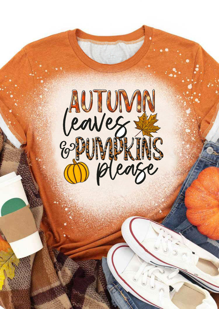 Buy Autumn Leaves And Pumpkins Please T-Shirt Tee - Orange. Picture