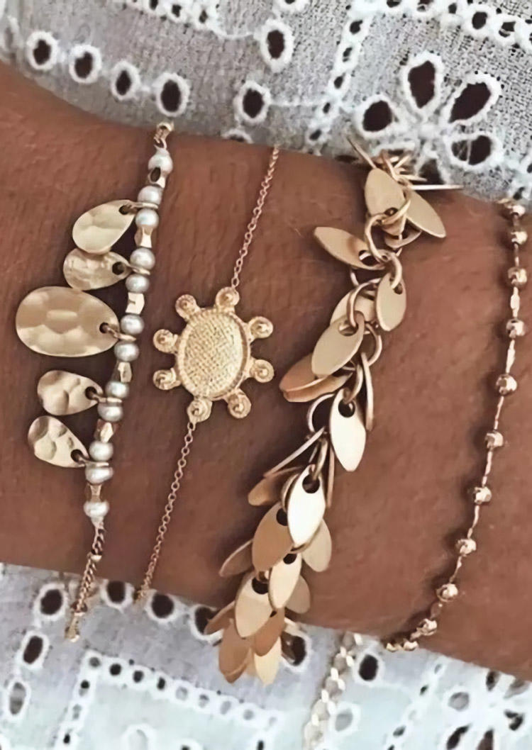 

4Pcs Bohemian Beading Leaf Alloy Bracelet Set, Gold, 516612
